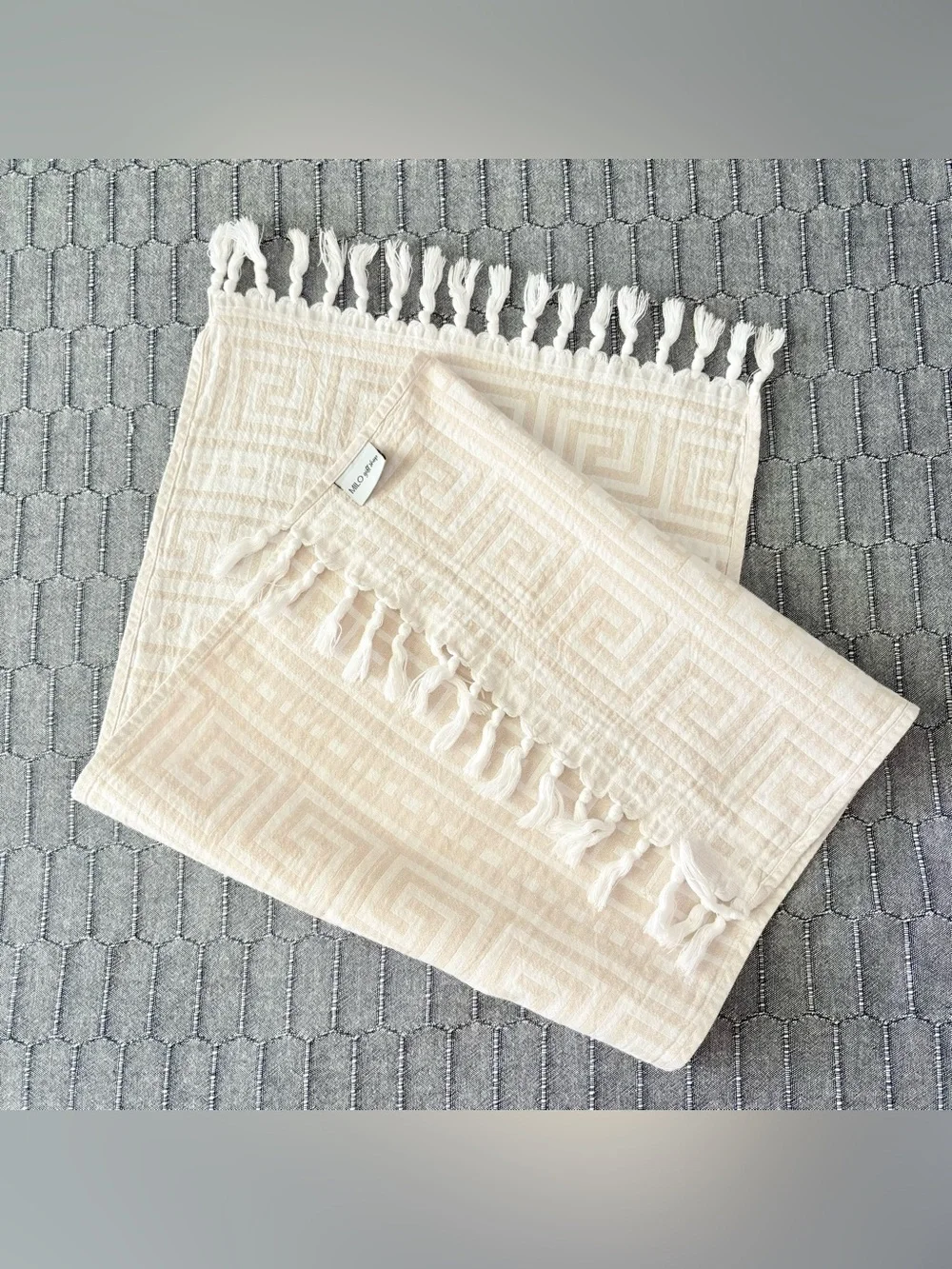 Turkish Cotton Hand Towel Greek Key Beige White Fringe Neutral Fast Drying